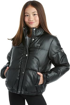 DKNY Girls Faux Leather Jacket - Weather Resistant Moto Biker Jacket - Insulated Outerwear Windbreaker Puffer for Girls, 7-16