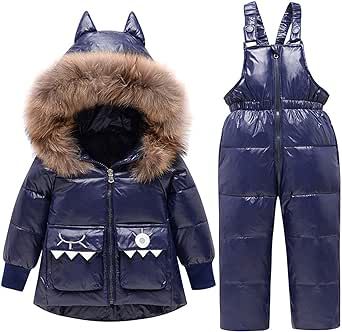 UNIROSE Fashion Warm Winter Outerwear Baby Girls Down Jacket Hooded Coat + Overalls Pants 2 Piece Set Snowsuit Kids Outfits